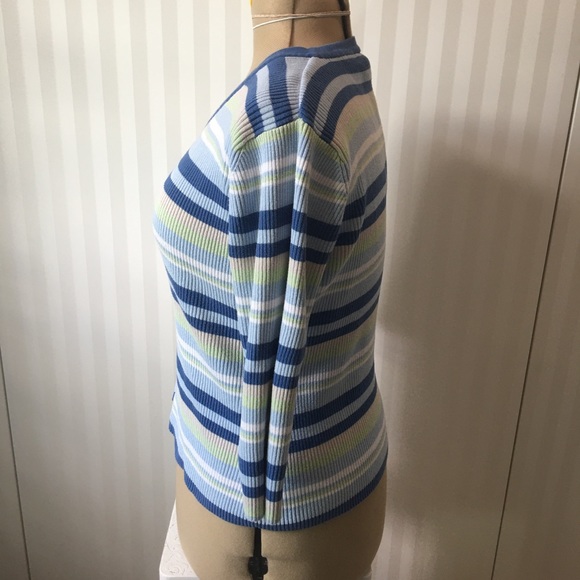 Denver Hayes blue green white striped cotton v-neck sweater Size M - Picture 2 of 7